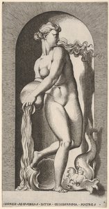 Placa 6: Tetis de pie en un nicho con una concha y criatura marina, vertiendo agua, 1526 de Giovanni Jacopo Caraglio