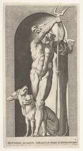 Placa 7: Plutón en un nicho, sosteniendo un bidente, con Cerbero a su lado, de una serie de m..., 1526 de Giovanni Jacopo Caraglio