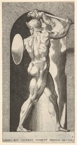 Placa 9: Marte en un nicho, sosteniendo una espada sobre su cabeza con su brazo derecho, y un escudo, 1526