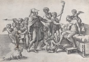 El matrimonio de Alejandro y Roxana, Alejandro rodeado de putti, ofreciendo una corona..., 1520-39 de Giovanni Jacopo Caraglio