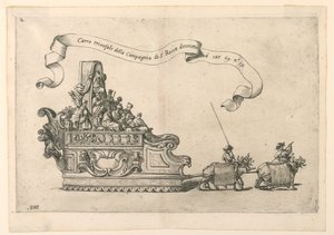Carroza en Reggio, Italia: "Carro triunfal de la Compañía de San Roque". Placa 2b de A. Isacchi, "Relación de Alfonso Isachi sobre el origen, solemnidad, traslación y milagros de la Madonna" de Giovanni Luigi Valesio