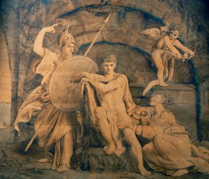 Hércules en la encrucijada entre la Vanidad y la Fama, marquetería de Giovanni Maffezzoli (1779-1818) a partir de un diseño del pintor Giuseppe Diotti, Italia