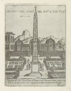 Obelisco egipcio en el jardín de Villa Medici en Roma Obelisco nel giard.o del ser.mo G. D. Di Tosc.a (título sobre objeto) Monumentos y edificios modernos y antiguos en Roma (título de la serie) Ornamenti di fabriche antichi et moderni dell