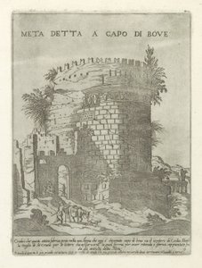 Tombe van Caecilia Metella te Roma Meta dijo a la cabeza de buey (título sobre objeto) Moderne en antieke Monumenten en bouwwerken en Roma (título de la serie) Adornos de edificios antiguos y modernos de la ciudad alma de Roma (título de la serie) de Giovanni Maggi