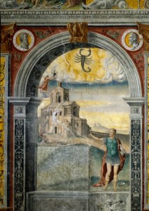 Signo del Zodiaco: “El Escorpión” Medallones superiores con retratos de los emperadores Marco Aurelio y Lucio Vero. Abajo, leyenda asociada con el nacimiento de la constelación correspondiente al signo: un guerrero con un halcón, mira a una mujer mordida p de Giovanni Maria Falconetto