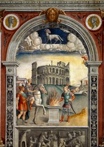 Signo del zodiaco: El carnero. Medallones superiores con retratos de Julio César y Augusto. Abajo, leyenda asociada con el nacimiento de la constelación correspondiente al signo: Cayo Mucio Escévola, introducido en el campamento enemigo de los etruscos.