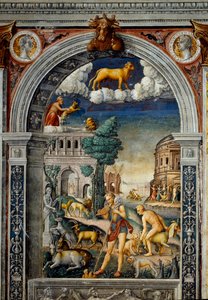 Signo del zodiaco: El toro. Medallones superiores con retratos de Tiberio y Calígula. Abajo, leyenda asociada con el nacimiento de la constelación correspondiente al signo: el dios Pan tocando la flauta. A la izquierda, una cabra pone a un pequeño.