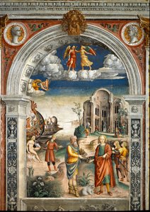Signo del zodiaco: “Los gemelos” Abajo, leyenda asociada con el nacimiento de la constelación correspondiente al signo: dos hombres intercambian una alcachofa y flores. Una mujer besa a un pájaro, hombres en el fondo invocan al dios Neptuno. Medallones sup de Giovanni Maria Falconetto