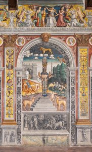 El signo astrológico de Leo con Diana, dos ciervos y un sátiro como en un sarcófago en Bleinhaim Palac; al fondo el Arco degli Argentari en Roma y Hércules luchando contra el león de Nemea, Cámara del Zodiaco