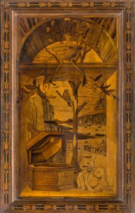 Coro canónico de madera, taraceado por Giovanni Maria Platina 1484, Sitial superior de Giovanni Maria Platina