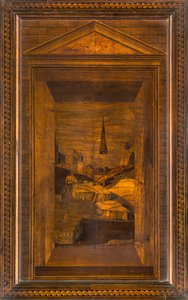 Coro canónico de madera, taraceado por Giovanni Maria Platina 1484, Sitial superior de Giovanni Maria Platina