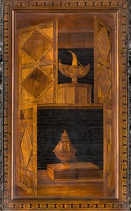 Coro canónico de madera, taraceado por Giovanni Maria Platina 1484, Sitial superior de Giovanni Maria Platina