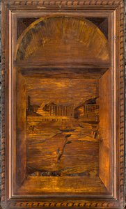 Coro canónico de madera, taraceado por Giovanni Maria Platina 1484, Sitial superior de Giovanni Maria Platina
