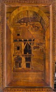 Coro canónico de madera, taraceado por Giovanni Maria Platina 1484, Sitial superior de Giovanni Maria Platina