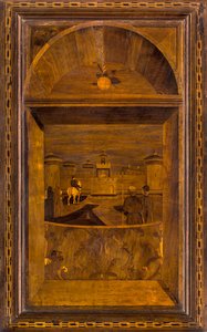 Coro Canónico de Lignaean, Incrustado por Giovanni Maria Platina 1484, Silla Superior, Vista del Castillo Sforzesco de Milán de Giovanni Maria Platina