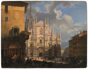 Vista de la plaza del Duomo con el coperto dei Figini y el isolato del Rebecchino, Milán (óleo sobre tabla)