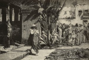 Magdalena, mujer con turbante y procesión en un pueblo de Oriente Medio, grabado de los hermanos Cantagalli a partir de un cuadro de Giovanni Muzzioli (1854-1894), Módena, Italia de L