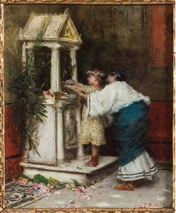 Madre e hija delante de un pequeño templo (óleo sobre lienzo)