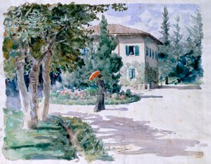Paraguas rojo por Giovanni Muzzioli (1854-1894) de Giovanni Muzzioli