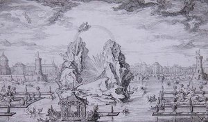Fuegos artificiales para celebrar el nacimiento del Delfín (hijo de Luis XV), grabado por Jean Dumont, 1730 de Giovanni Niccolo (after) Servandoni