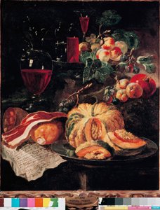 Bodegón Calabaza, tocino, jamón, melocotones y vino. Pintura de Giovan Paolo Castelli dit Lo Spadino (1659-1730) 1703 Roma, Museo de los Conservadores Capitales de Giovanni Paolo Castelli