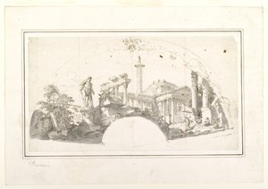 Diseño para un abanico: Capriccio con ruinas romanas y el Hércules Farnesio de Giovanni Paolo Panini