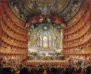 Fiesta musical dada por el cardenal de La Rochefoucauld en el Teatro Argentina en Roma de Giovanni Paolo Pannini