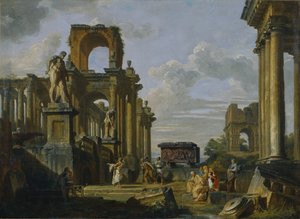 Capricho arquitectónico del Foro Romano con filósofos y soldados entre ruinas antiguas de Giovanni Paolo Pannini