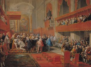 Presentación de la Orden del Espíritu Santo al Príncipe Vaini por Paul-Hippolyte de Beauvillers (1684-1776) Duque de Saint-Aignan en 1732, c.1752 de Giovanni Paolo Pannini