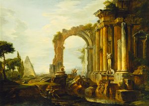 Un capricho de ruinas clásicas con la pirámide de Cestio y figuras en un paisaje