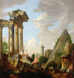 Un Capricho Arquitectónico con un Apóstol que Predica ante las Ruinas (óleo sobre lienzo) de Giovanni Paolo Pannini