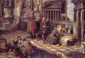 (detalle) Interior de una galería de imágenes imaginaria de Giovanni Paolo Pannini