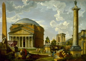 Vista fantástica con el Panteón y otros monumentos de la antigua Roma de Giovanni Paolo Pannini