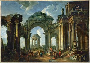 La predicación de un apóstol en las ruinas de la antigua arquitectura dórica ... de Giovanni Paolo Pannini or Panini