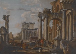 Ruinas con el templo de Antonio y Faustina, c.1727-30 (óleo sobre lienzo) de Giovanni Paolo Pannini