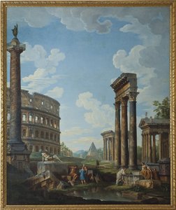 Un capricho con figuras en ruinas romanas, incluido el Arco de Constantino y el Panteón, el Coliseo y la Columna de Trajano (Columna de Trajano o Colonna Traiana) - Pintura de Giovanni Paolo Panini (Pannini) (1691-1765), óleo sobre lienzo, 210.8 x1 de Giovanni Paolo Pannini