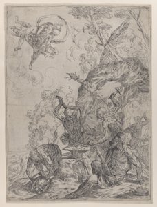 La fragua de Vulcano con herreros golpeando un yunque con martillos, 1640-59