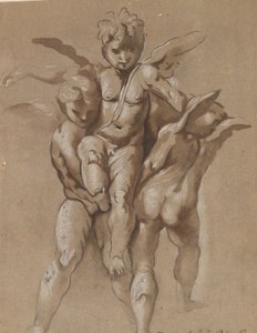 Dos Putti llevando un tercer Putti (anverso); Un joven con un bastón (verso)