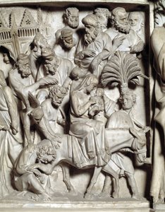(detalle) de los relieves de la Silla realizada por Giovanni Pisano: la huida a Egipto de Giovanni Pisano