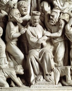 Detalle de los relieves de la Cátedra realizada por Giovanni Pisano (1248-1314): Jesús burlado (detalle) de Giovanni Pisano