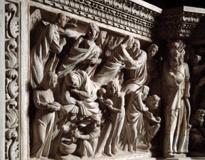 (detalle) de los relieves de la Silla realizada por Giovanni Pisano: la anunciación, la visitación y el nacimiento de San Juan Bautista de Giovanni Pisano