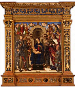 Pala Oliva. La Virgen y el Niño entronizados entre San Jorge, San Francisco de Asís, 1489 de Giovanni Santi