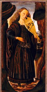 La Musa Terpsícore, hacia 1480, de Giovanni Santi (1430 o 1440-1494), madera, cm 82x39. Italia