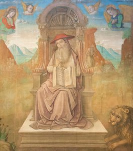 San Jerónimo entronizado (temple sobre tabla) de Giovanni Santi or Sanzio