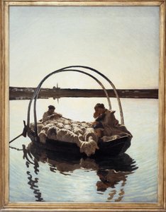 Ave María: Una madre sosteniendo a su hijo con un rebaño de ovejas en un ferry cruzando un río de Giovanni Segantini