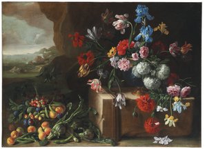 Crisantemos, tulipanes, lirios y otras flores y frutas en un paisaje de Giovanni Stanchi