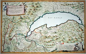 Lago de Ginebra, de un libro de dos volúmenes sobre Saboya y Piamonte, grabado por Joannes de Broen (1649-c.1730)