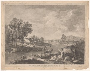 Paisaje con pastores y ovejas. Da cibo il prato al gregge, e l