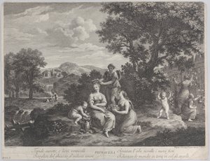 Primavera, un grupo de mujeres recogiendo flores y haciendo coronas con ellas, ca. 1764