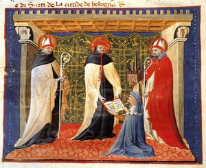 Miniatura de los estatutos de la sociedad de los pañeros de Giovanni da Modena